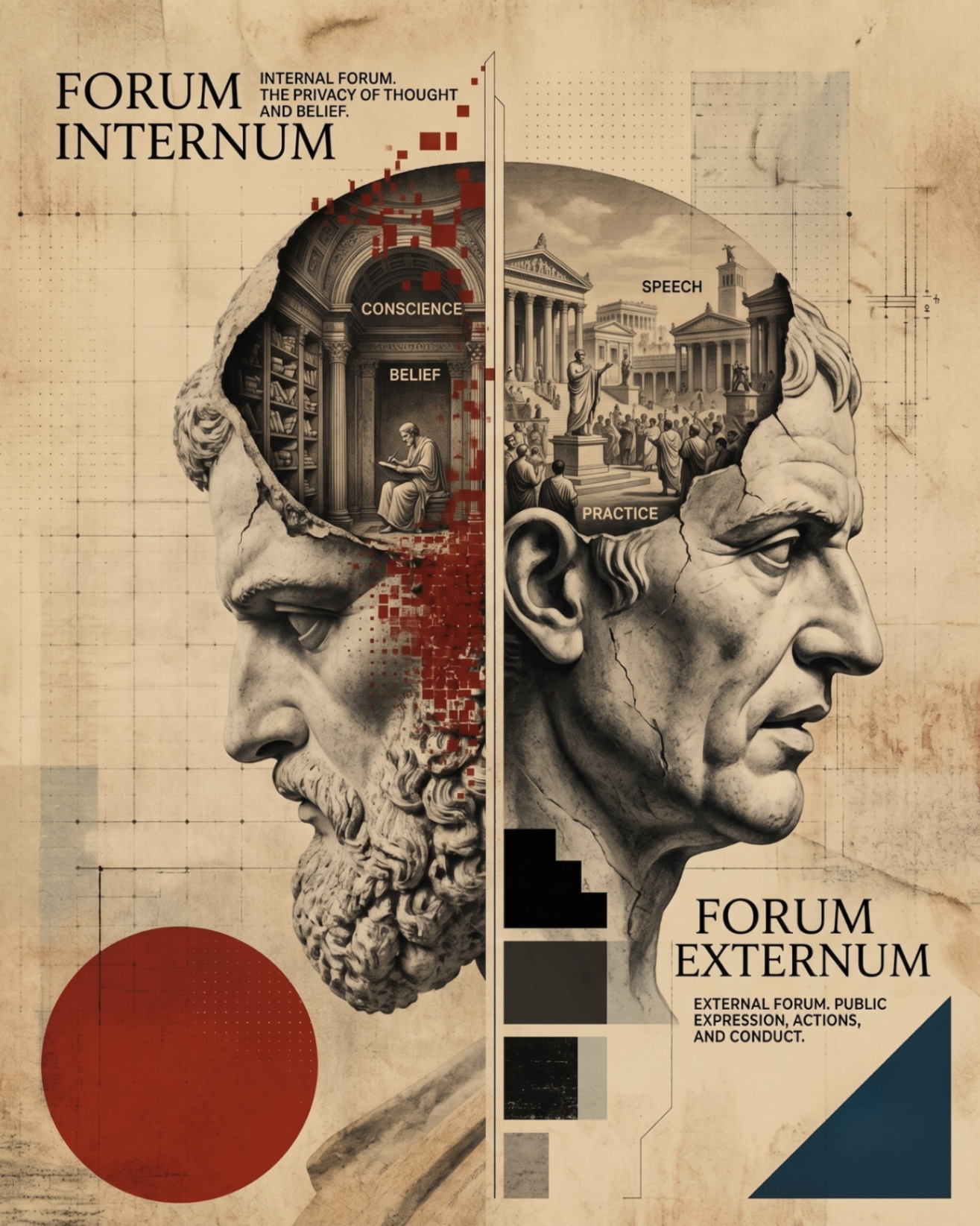 Illustrated diagram of a classical head split into forum internum and forum externum, showing conscience, belief, speech, and practice as architectural spaces.
