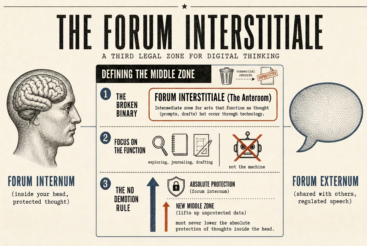 Diagram placing the forum interstitiale, the anteroom, between the forum internum inside your head and the forum externum shared with others